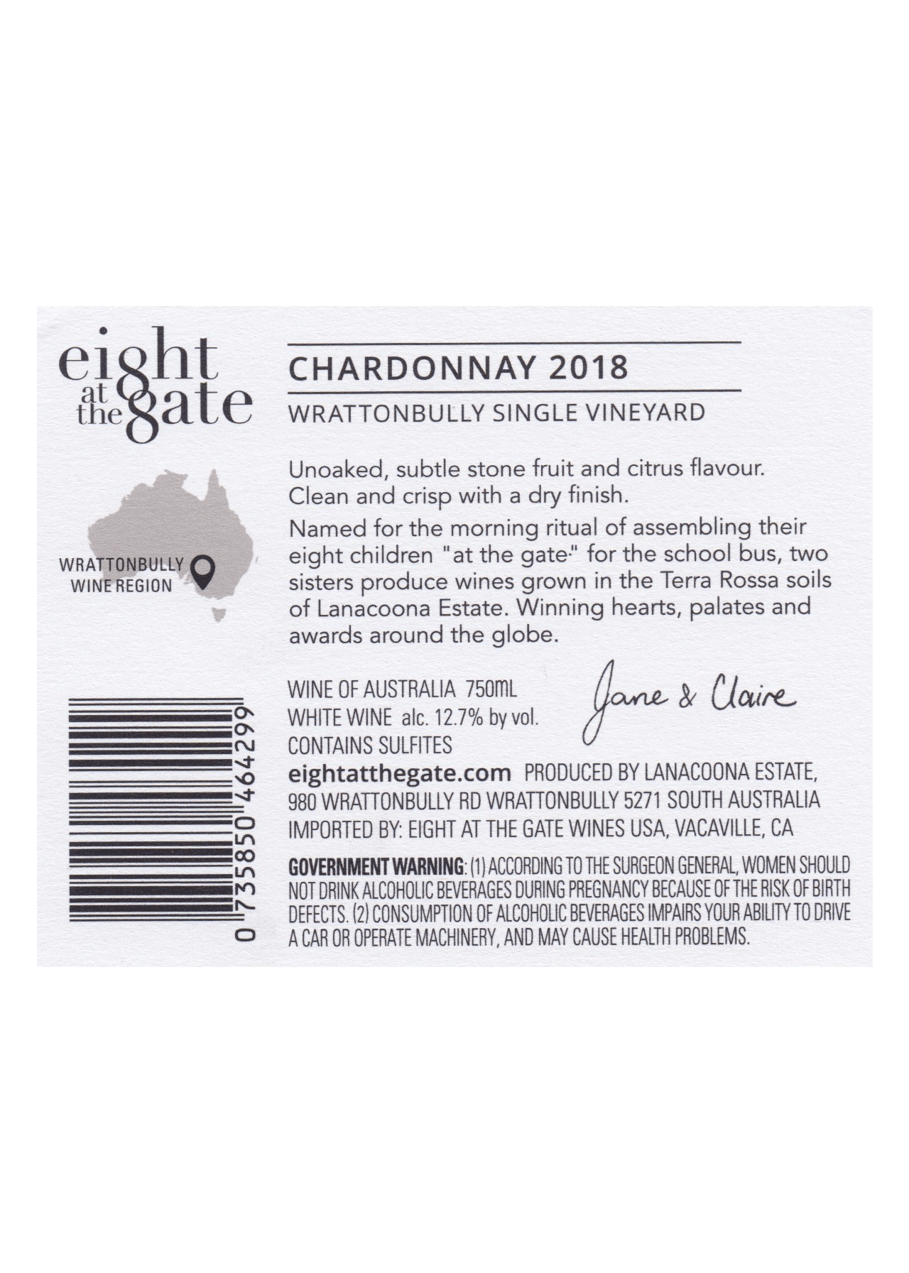 Eight at the Gate 2018 Chardonnay back label