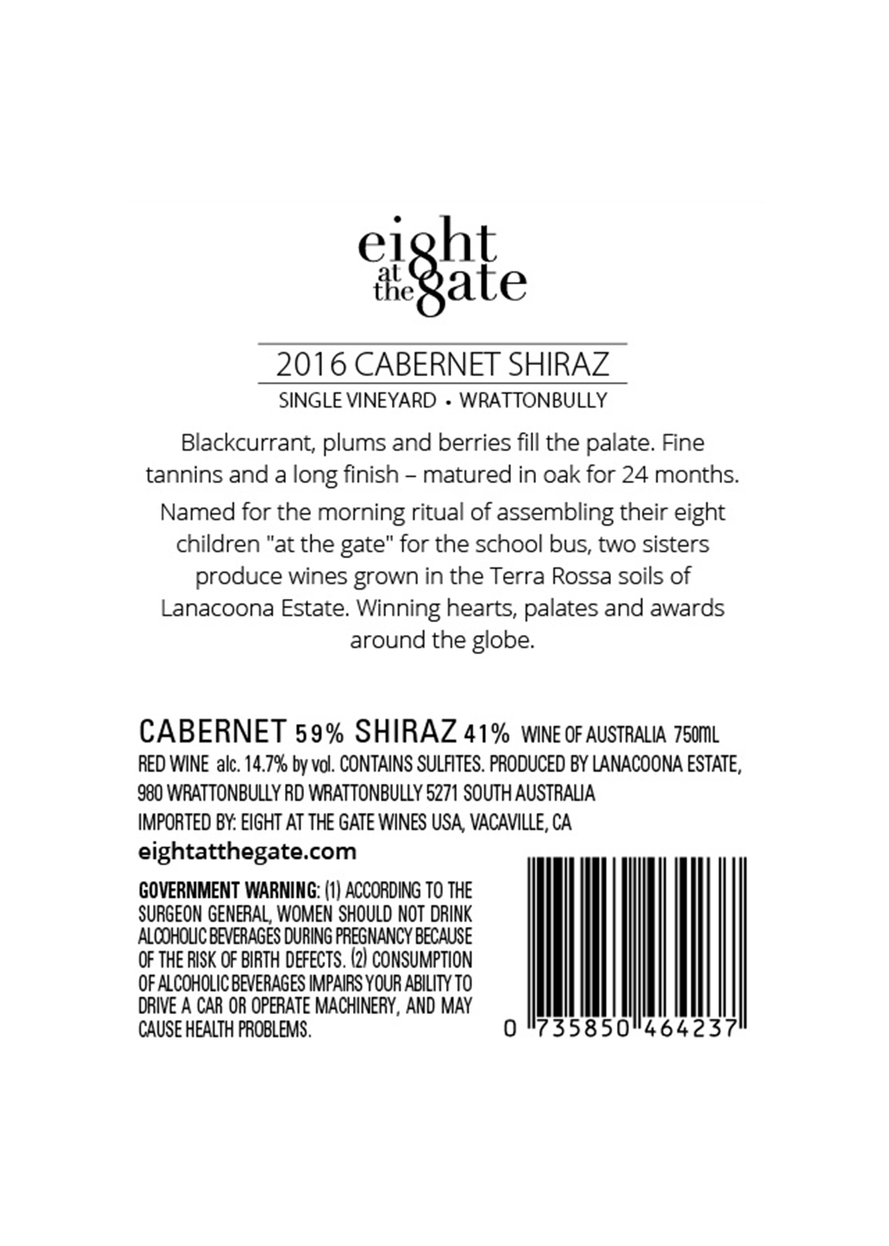 Eight at the Gate 2016 Shiraz back label