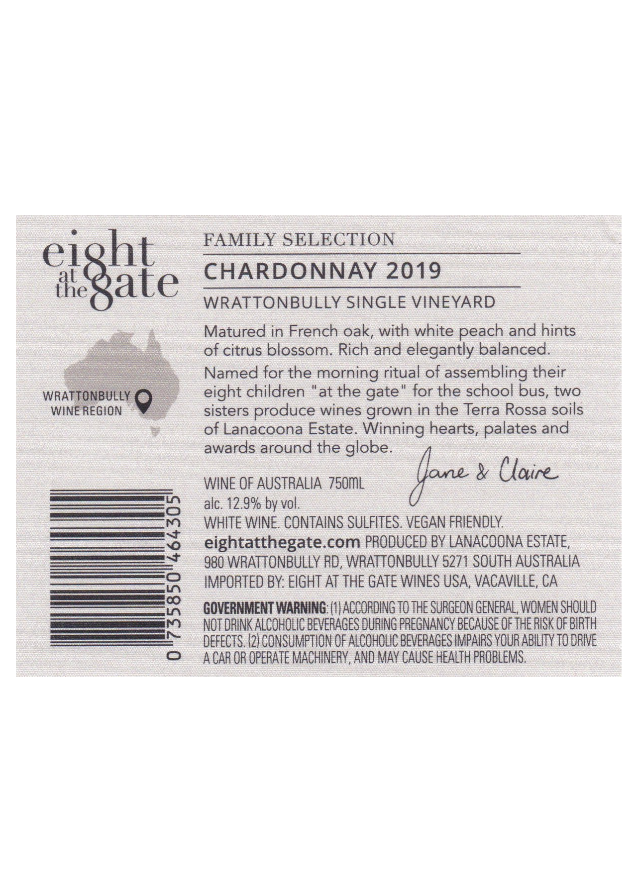 Eight at the Gate Family Selection Chardonnay Single Vineyard 2019 back label